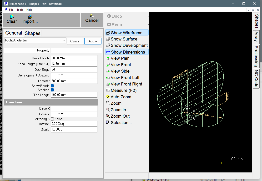 Right Angle Join in PrimeShape: the property page (left) and the shape as a wireframe with its dimensions (right).