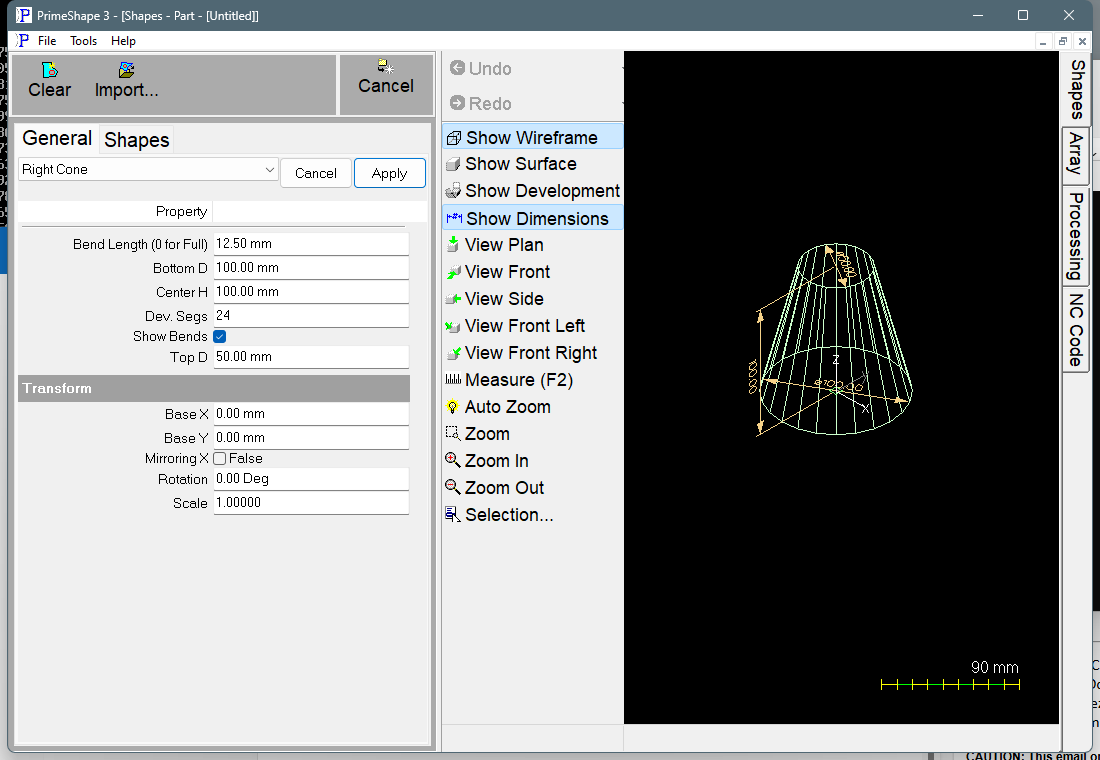 Right Cone in PrimeShape: the property page (left) and the shape as a wireframe with its dimensions (right).