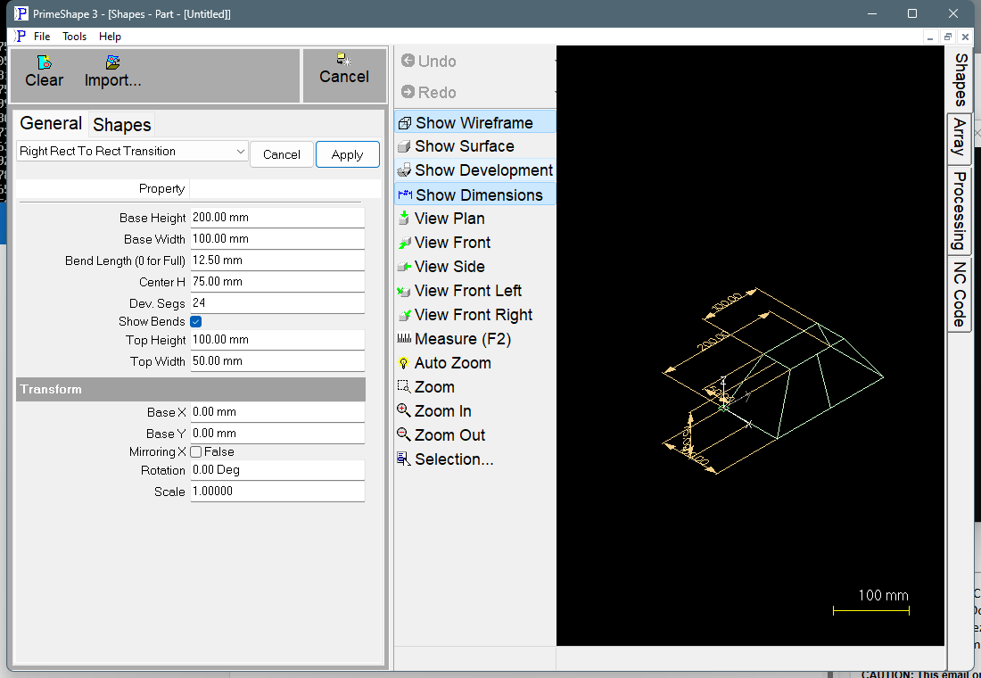 Right Rect To Rect Transition in PrimeShape: the property page (left) and the shape as a wireframe with its dimensions (right).