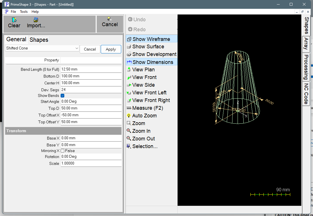 Shifted Cone in PrimeShape: the property page (left) and the shape as a wireframe with its dimensions (right).