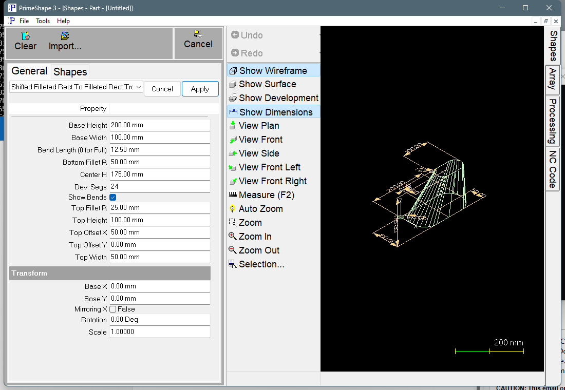 Shifted Filleted Rect To Filleted Rect Transition in PrimeShape: the property page (left) and the shape as a wireframe with its dimensions (right).
