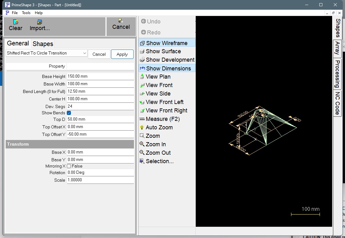 Shifted Rect To Circle Transition in PrimeShape: the property page (left) and the shape as a wireframe with its dimensions (right).