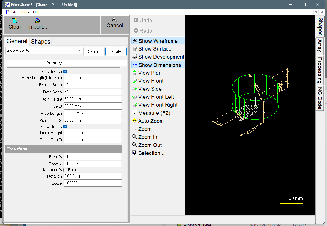 Side Pipe Join in PrimeShape: the property page (left) and the shape as a wireframe with its dimensions (right).