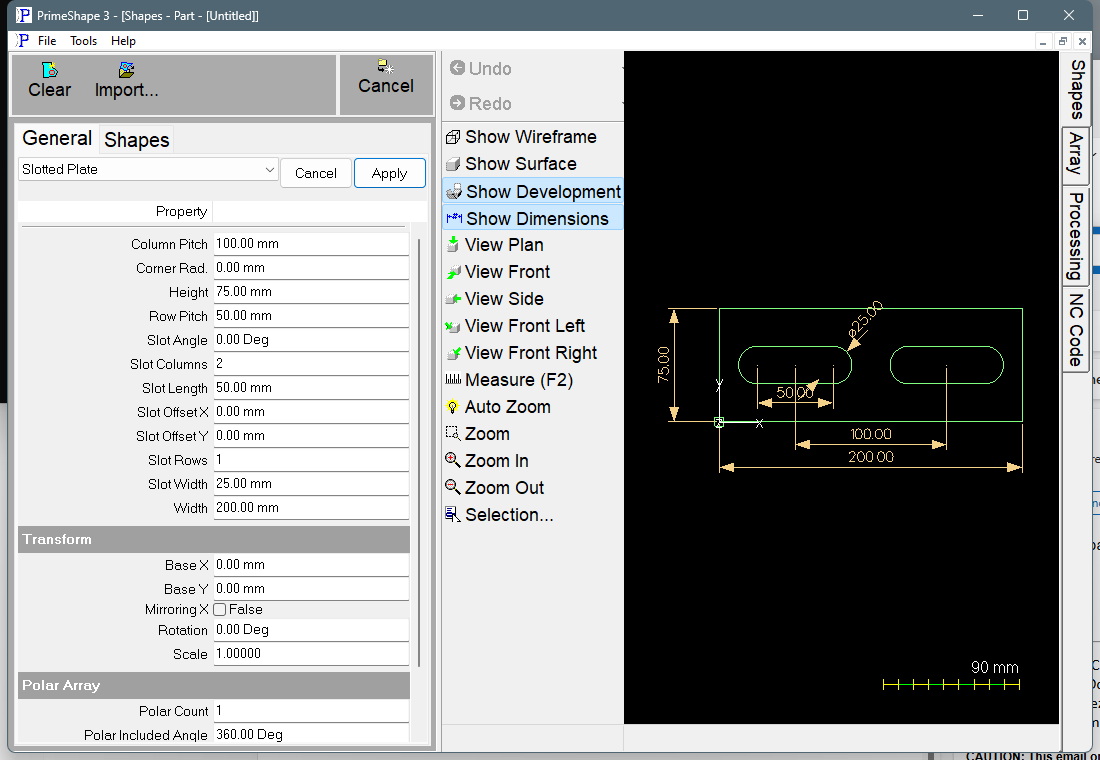 Slotted Plate in PrimeShape: the property page (left) and the shape with its dimensions (right).