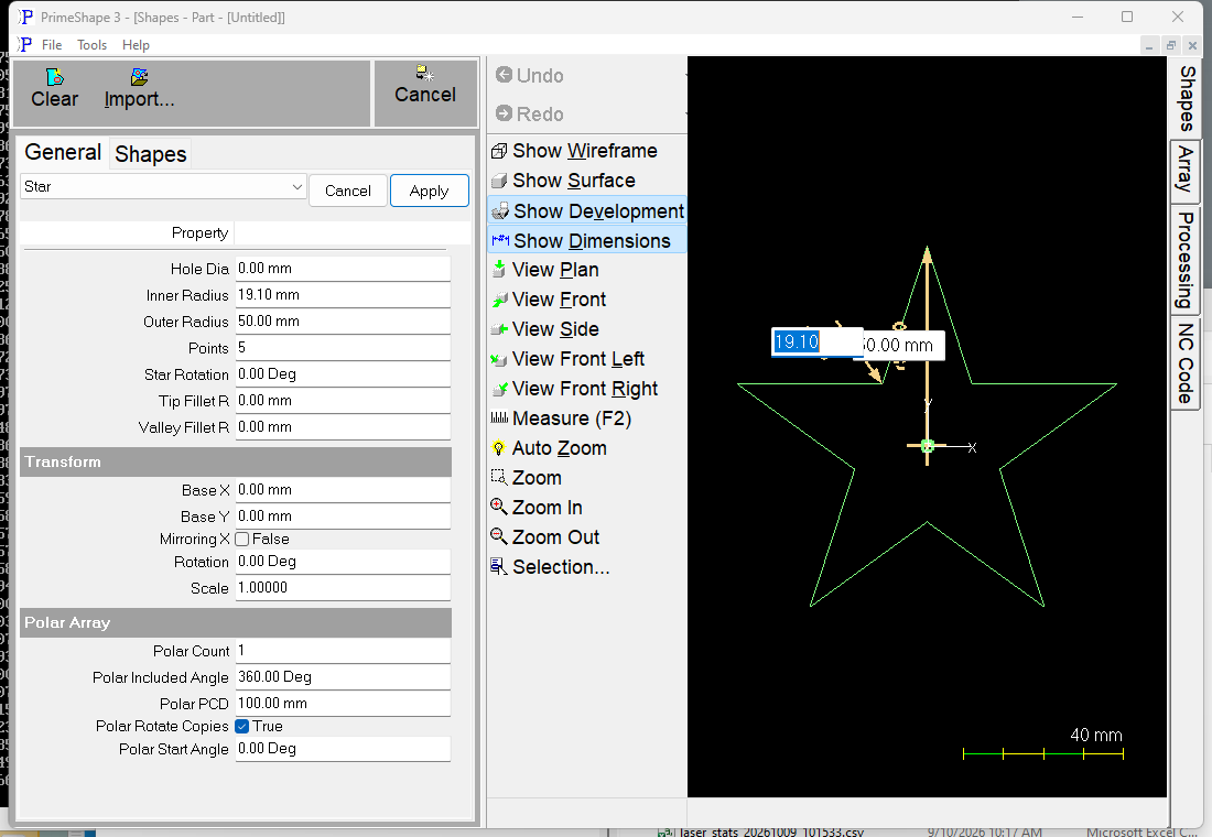 Star in PrimeShape: the property page (left) and the shape with its dimensions (right).