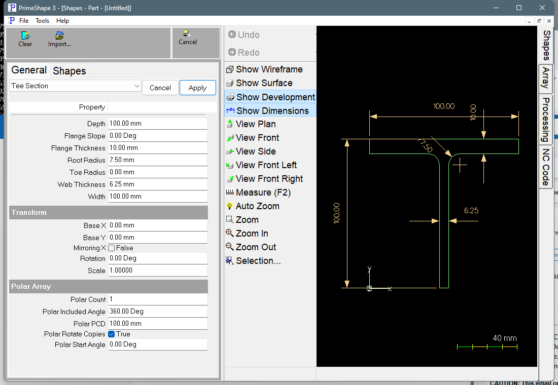 Tee Section in PrimeShape: the property page (left) and the shape with its dimensions (right).