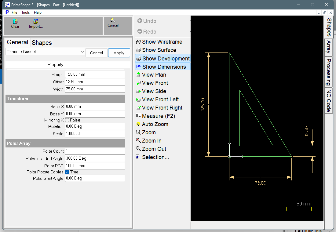 Triangle Gusset in PrimeShape: the property page (left) and the shape with its dimensions (right).