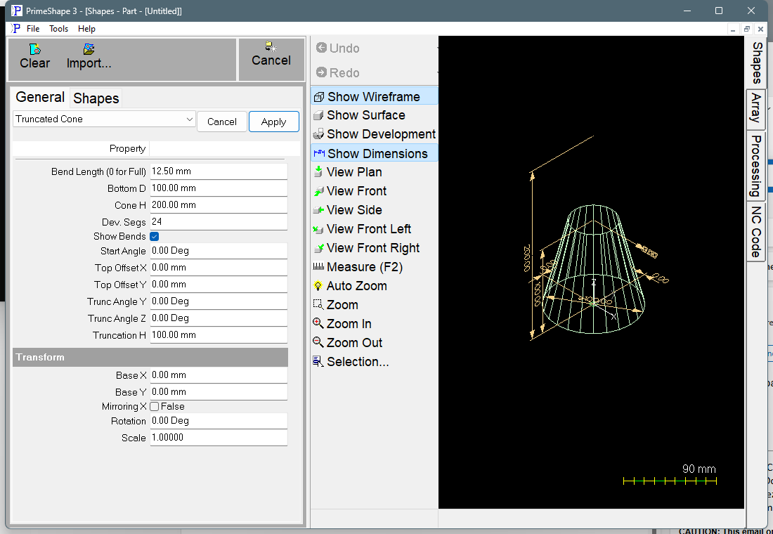 Truncated Cone in PrimeShape: the property page (left) and the shape as a wireframe with its dimensions (right). Truncated Cone in PrimeShape: the property page (left) and the shape as a wireframe with its dimensions (right).