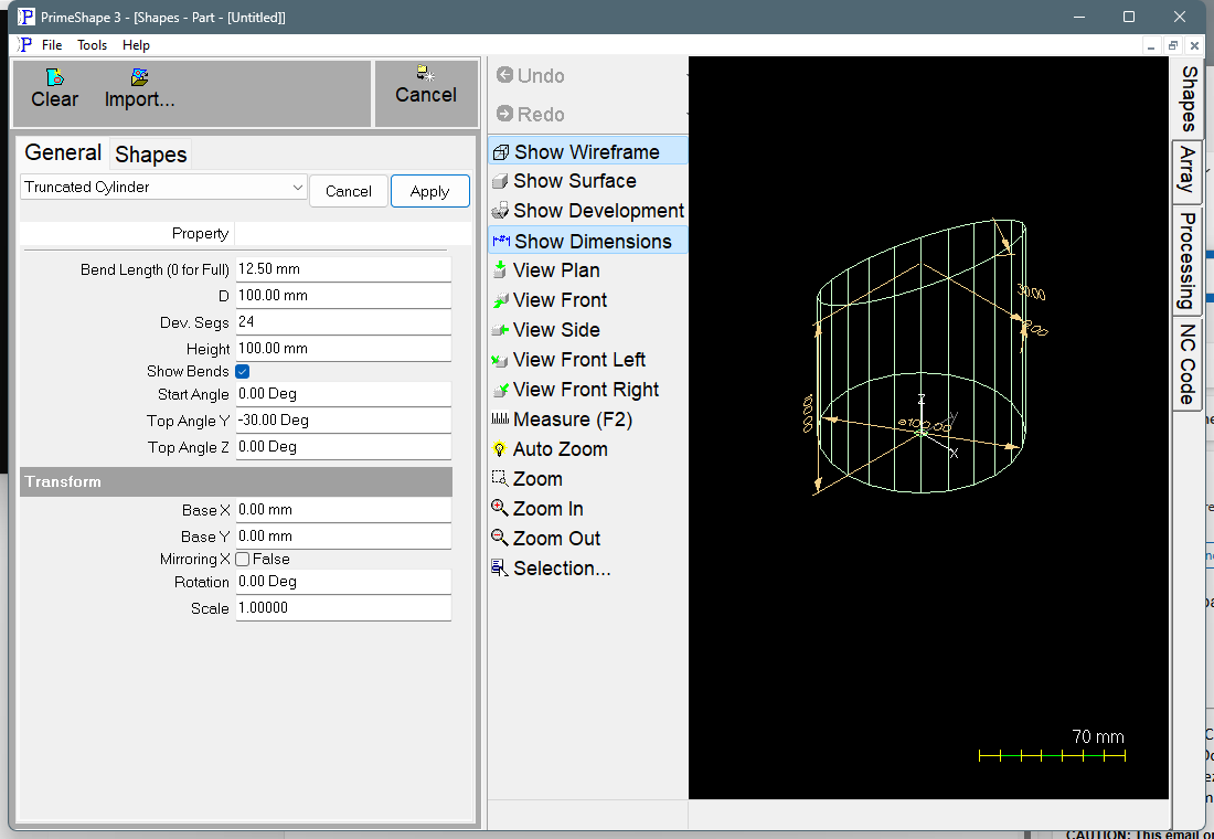 Truncated Cylinder in PrimeShape: the property page (left) and the shape as a wireframe with its dimensions (right).