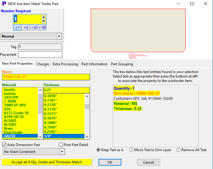 Recognition of various line item and part properties from text within a DXF or DWG as its is loaded